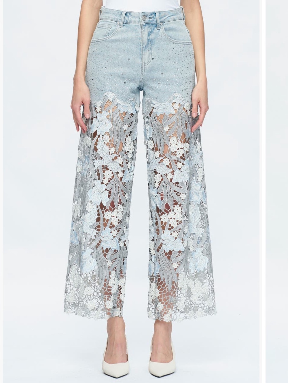 Bayeas Light Blue Lace-Panel Wide Leg Jeans size 26 - Picture 2 of 12